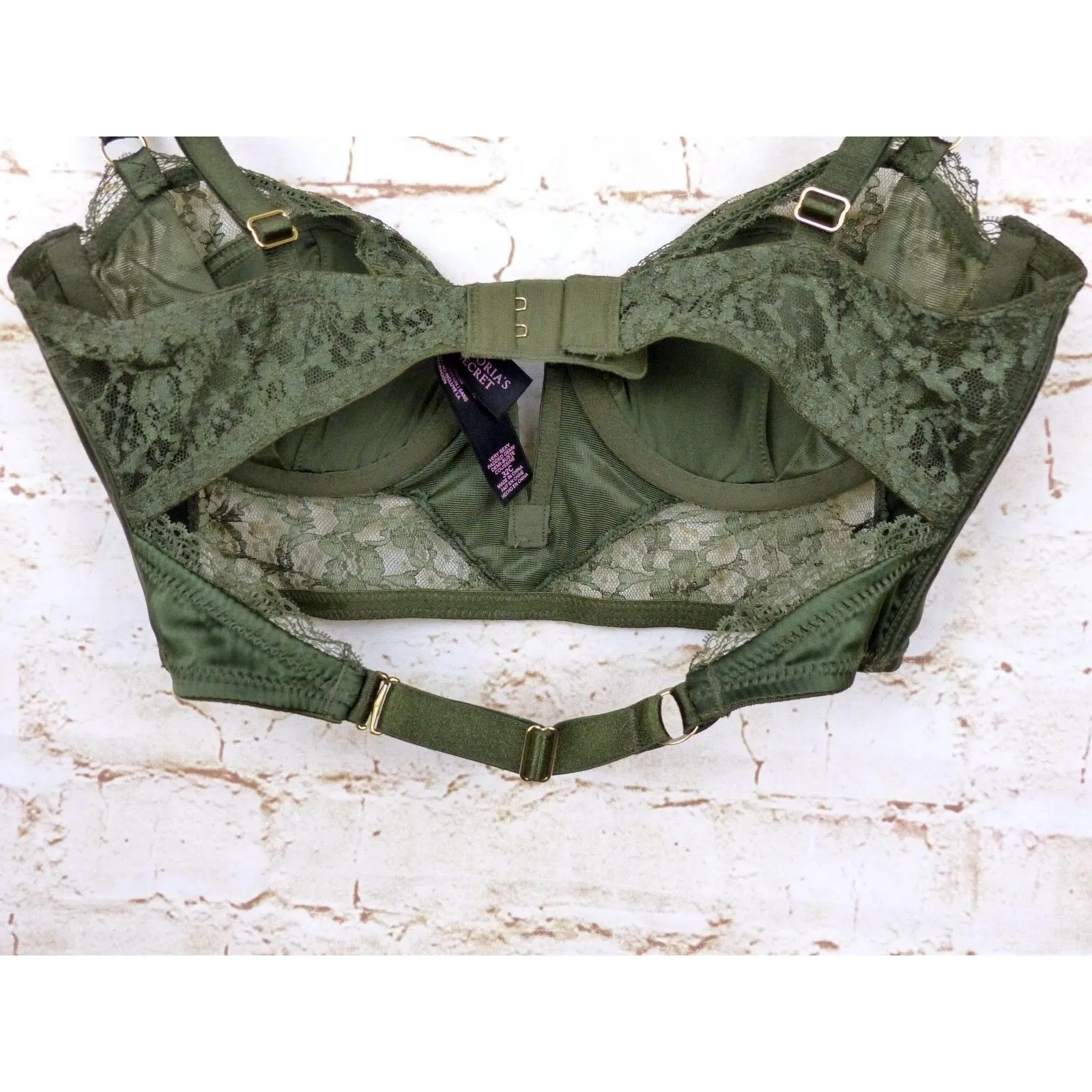 Victoria’s Secret Very Sexy Bustier Demi Bra 32C Olive Green Lace Satin Pin Up - Image 9
