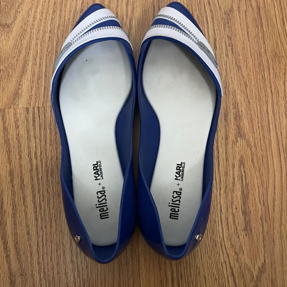 Melissa x Karl lagerfeld blue zipper rubber pointed toe flats size US 6 - Image 3