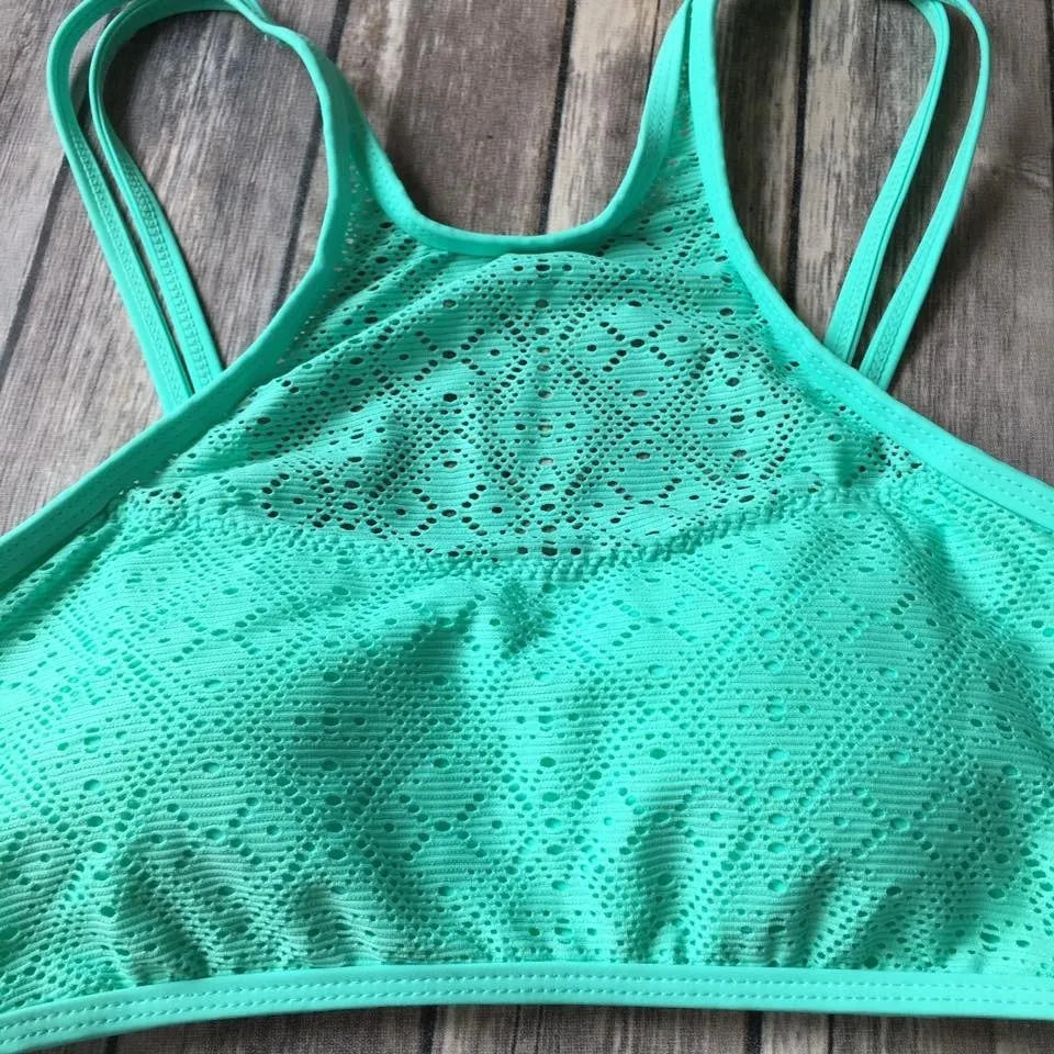 New Crochet Lace Bikini Swimsuit Top‎ Jr Women L Island Soul Swim High Neck Aqua - Image 2