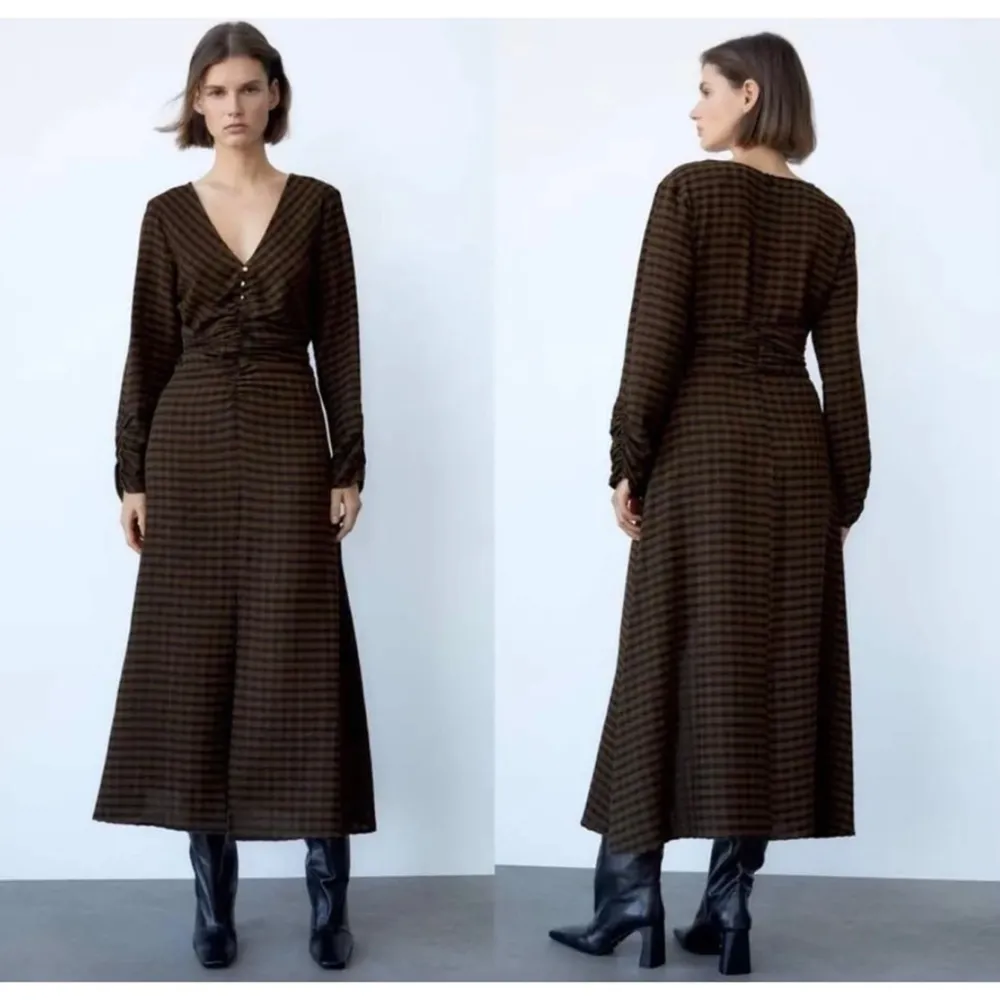 Zara textured checked draped midi dress in brown - Image 2