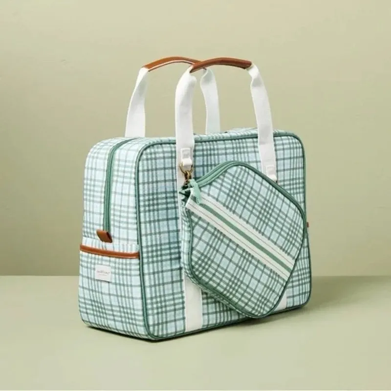 Hearth & Hand with Magnolia NWT Pickle Ball Bag Green Plaid Faux Leather Accents - Image 2