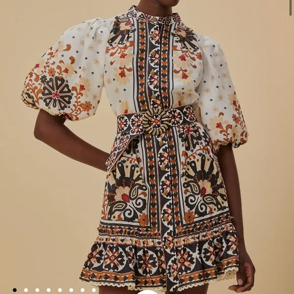 Flower Fan Tapestry Print Puff Sleeve Belted Mini Shirtdress - Image 2