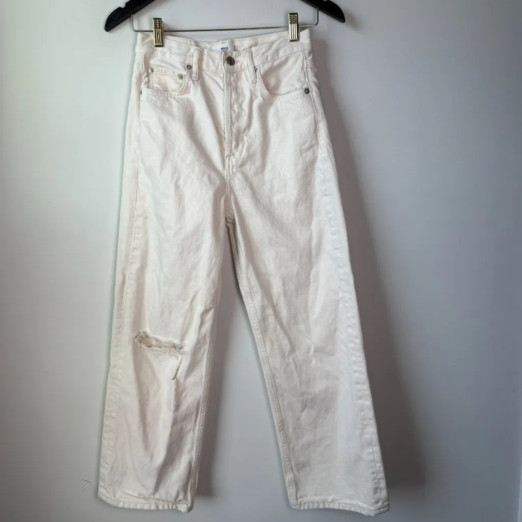 Mango Gabriela High Waist Distressed Knee Wide Leg Button Fly Jeans Ecru Sz 2 - Image 4
