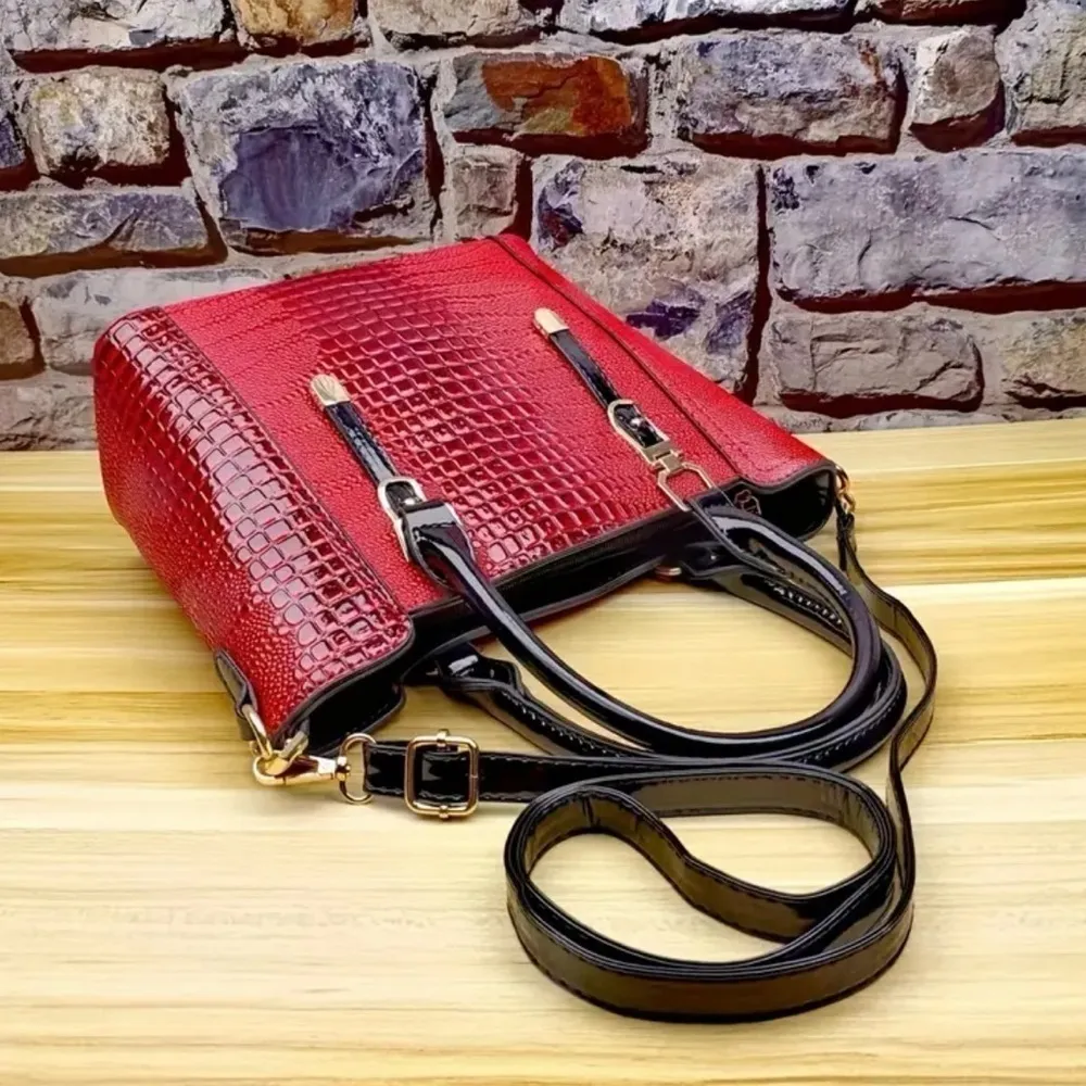 2pcs/Set Crocodile Leather Tote Bag w/Zipper Closure and Detachable Clutch NWT Red - Image 10