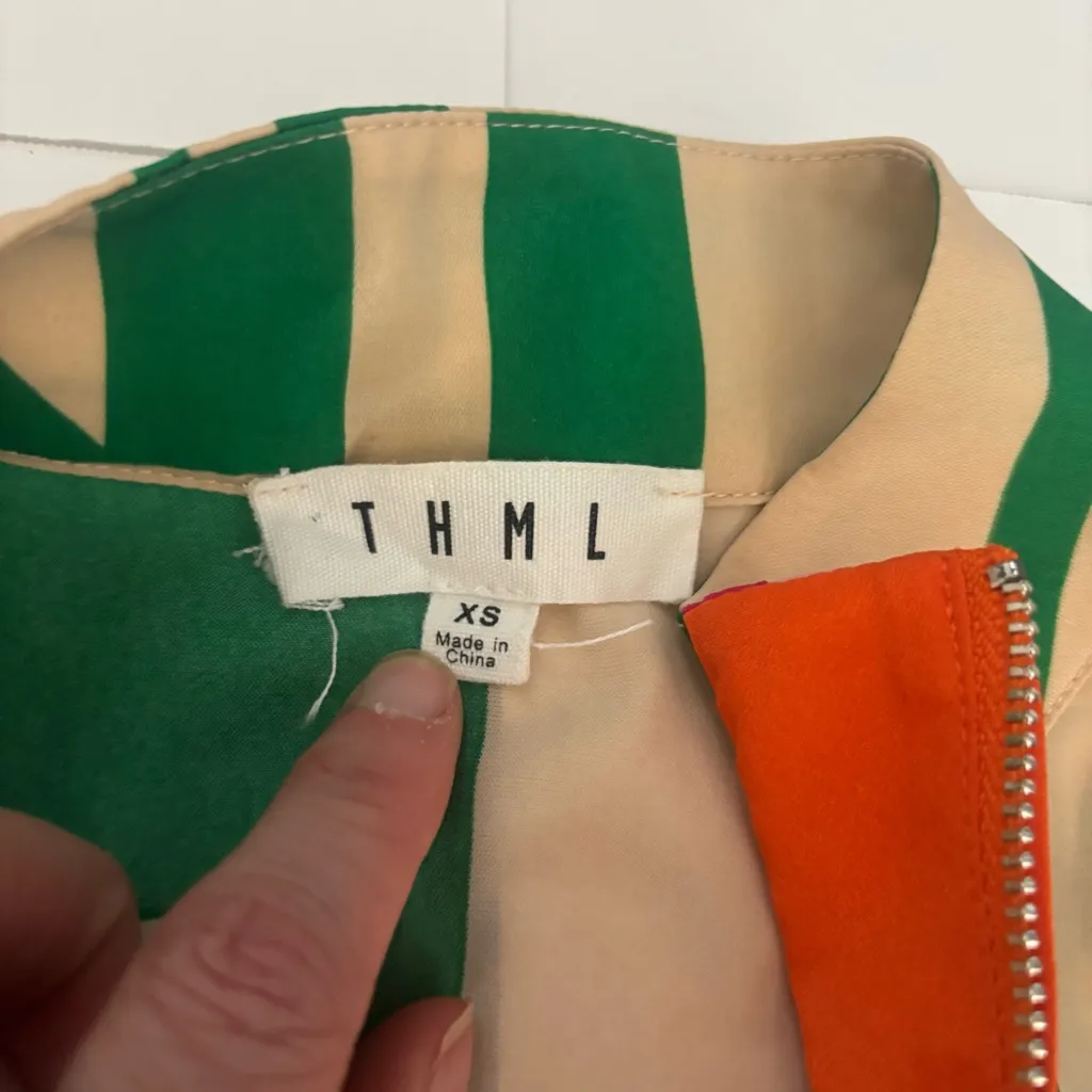 THML Geometric 1/4-Zip Top Green Beige w/ Multicolor Stripe Trim Blouse  - XS - Image 4