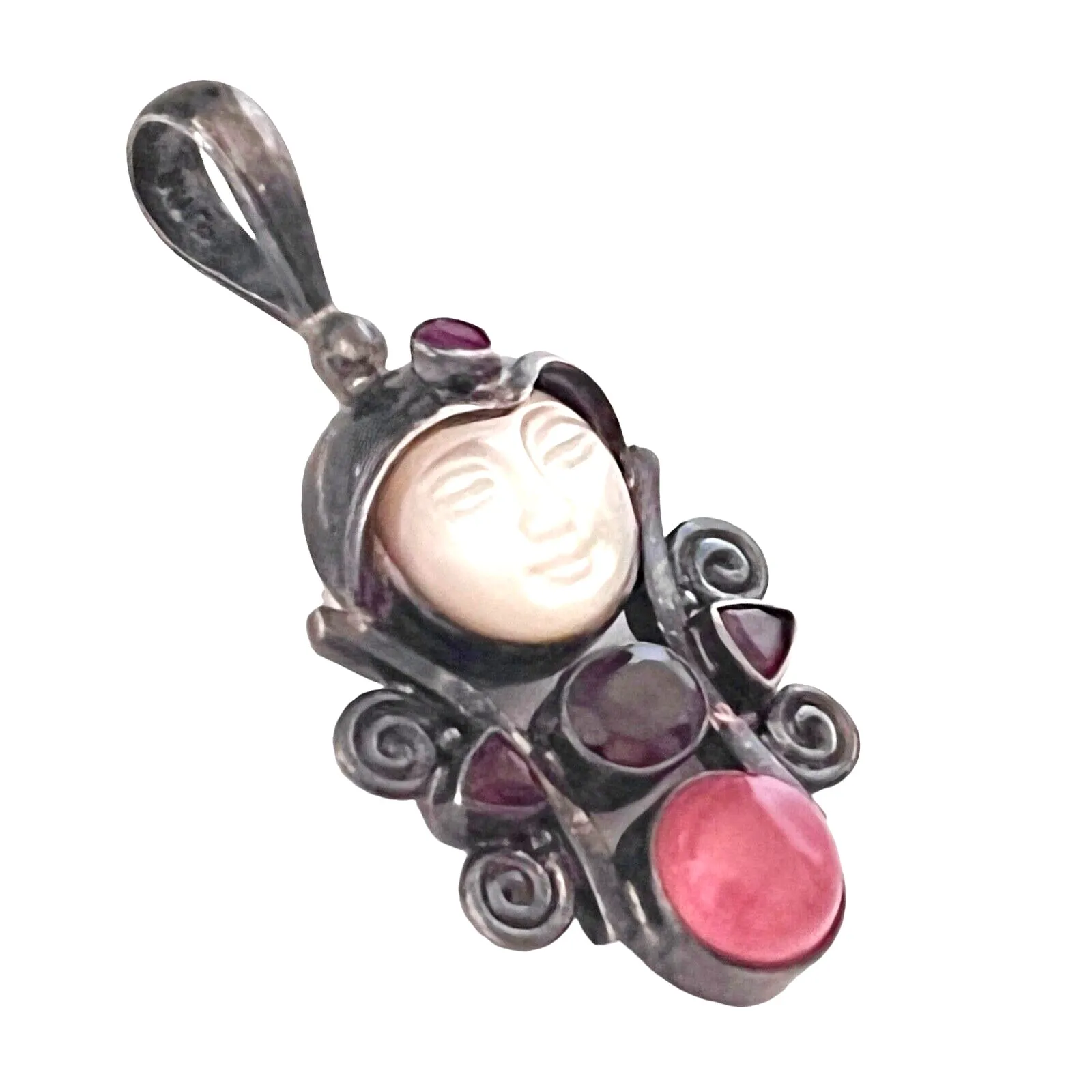 Sagen Silver Pendant Mother of Pearl Moon Face Garnet Ruby Peach Quartz Gemstone - Image 7