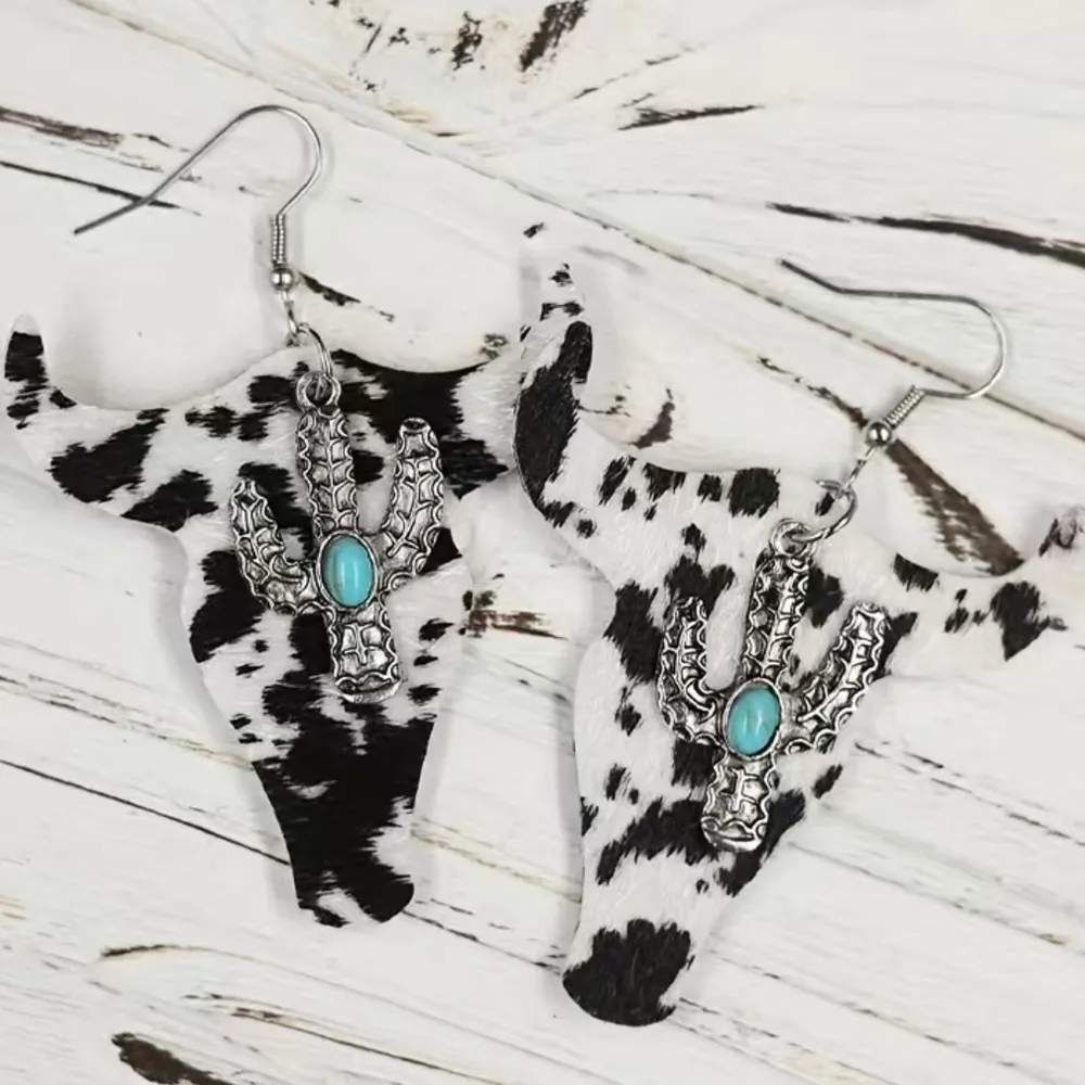 Cow Fur Texture Cactus Turquoise Earrings - Image 2