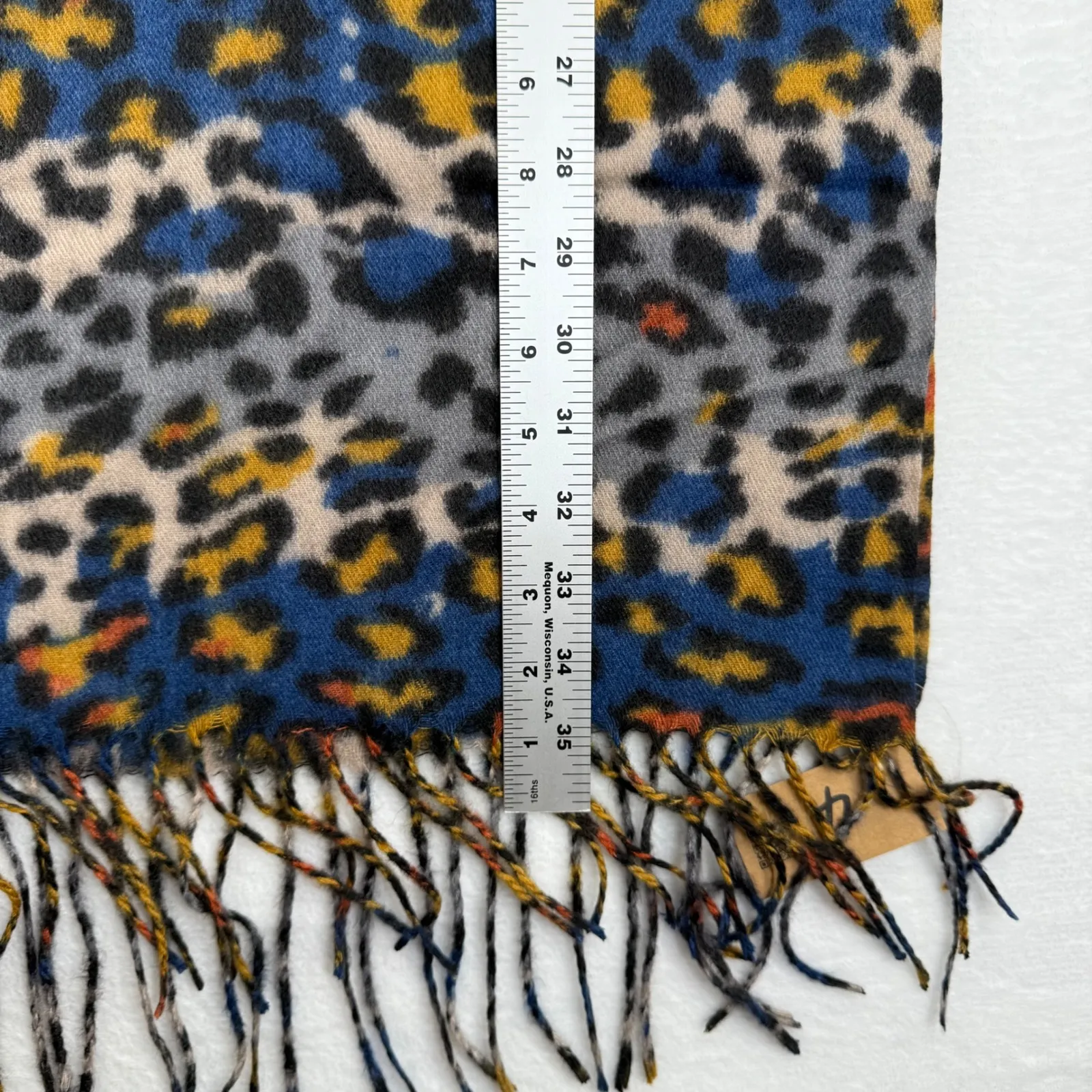 Sunnywind Leopard Print Scarf Blue Yellow Orange Fringe Soft Warm Accessory - Image 4