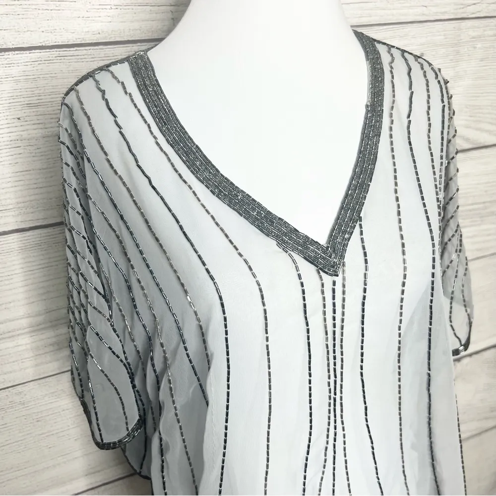 Vintage Sheer Beaded Silver Gray Dolman Sleeve Blouse Top Shawl One Size Size M - Image 4