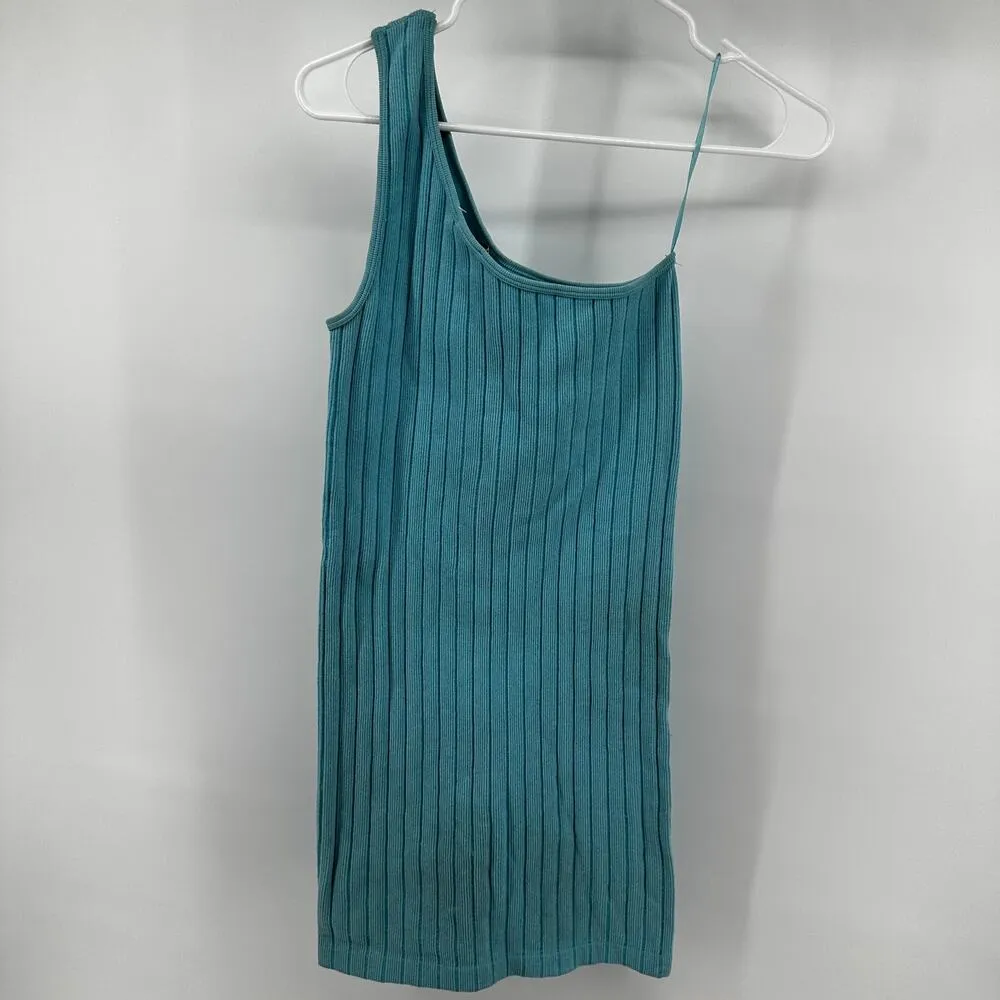 ZARA Seamless Asymmetric Dress One Shoulder Bodycon Ribbed Knit Neon Blue XS-S - Image 6