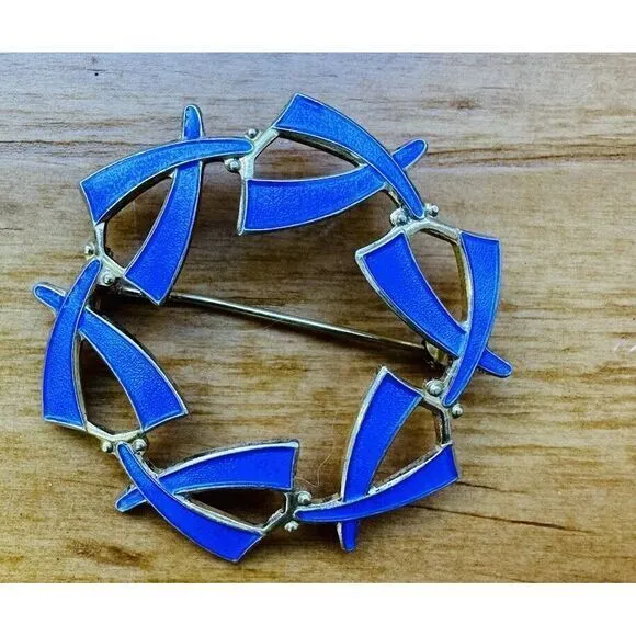 Norway Blue Enamel Sterling Silver‎ 925S Circle Brooch Pin Vintage 1.75" - Image 9
