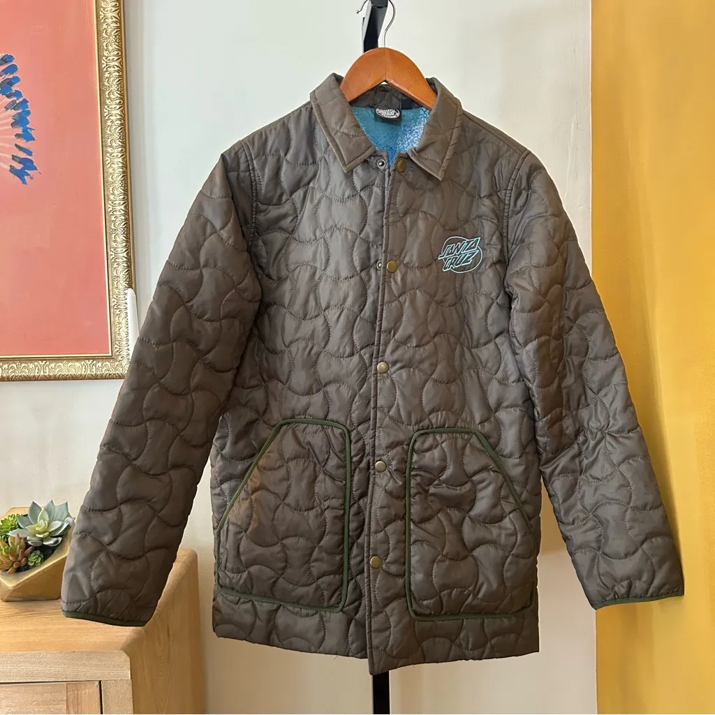 Santa Cruz Quilted Snap Front Jacket Oval Line Dot Army Green Size XS - Image 3