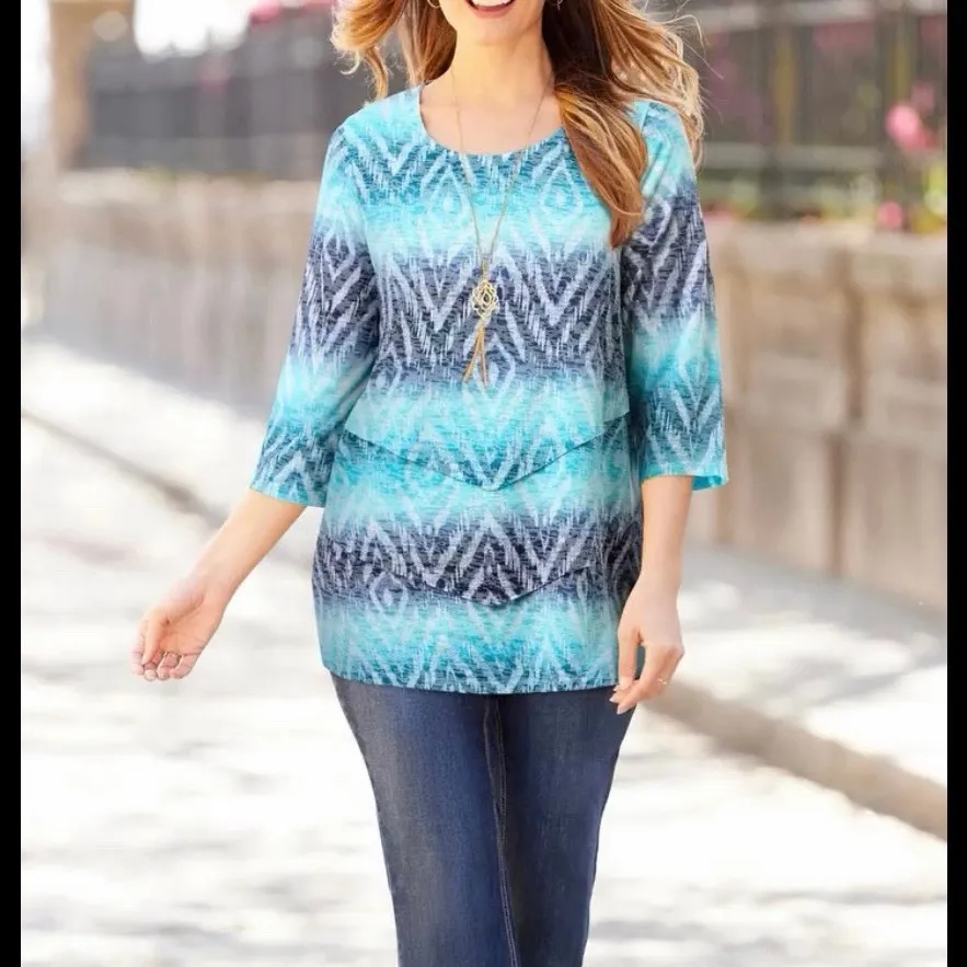 Catherines Aqua Blue Poetry Tiered 3/4 Sleeve Tee Size‎ 4X - Image 2