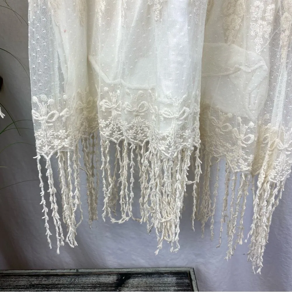 XCVI Ivory Crochet Fringe Long Sleeve Mini Dress L - Image 4