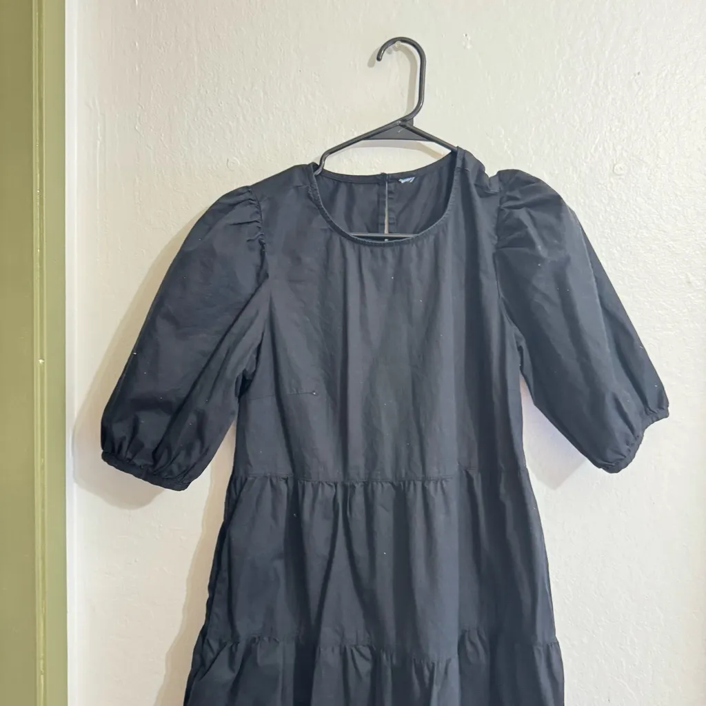 Old Navy Poplin Midi Dress Black Tiered Puff Sleeves Cotton Popover S - Image 4