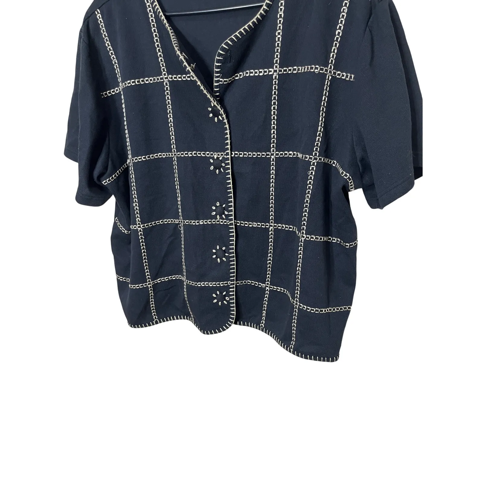 Vintage Teddi Woman Black Short Sleeve Button Up Top Stitched Details Boxy 3X Size undefined - Image 3