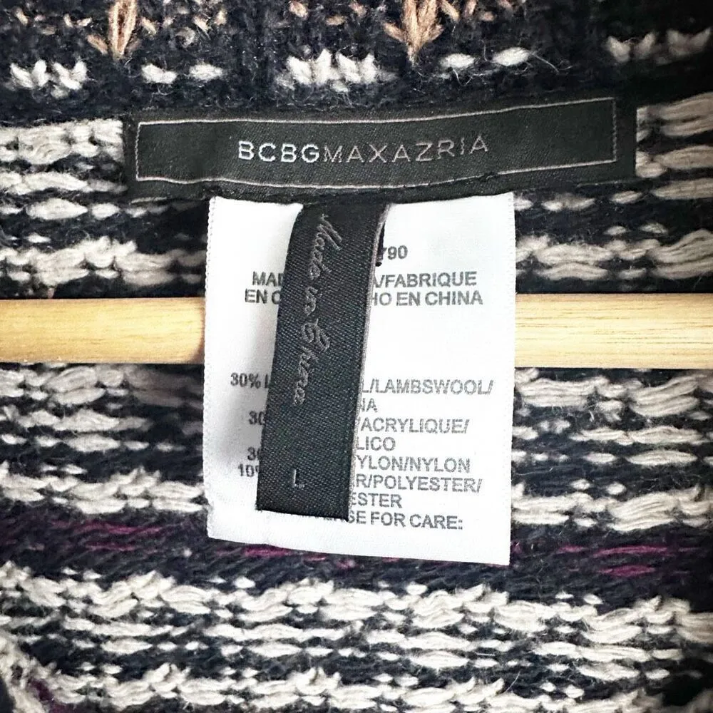 BCBGMaxAzria | Navy Maroon Ivory Gold Sweater Coat Snap Closure | Size Large - Image 7