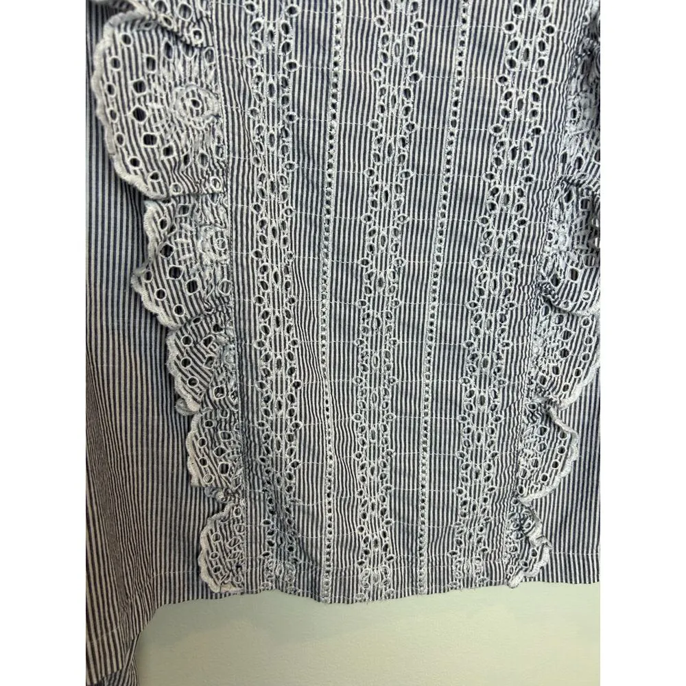 Melrose and Market Blue White Striped Blouse Lace Eyelet Detail Size Large - Image 3