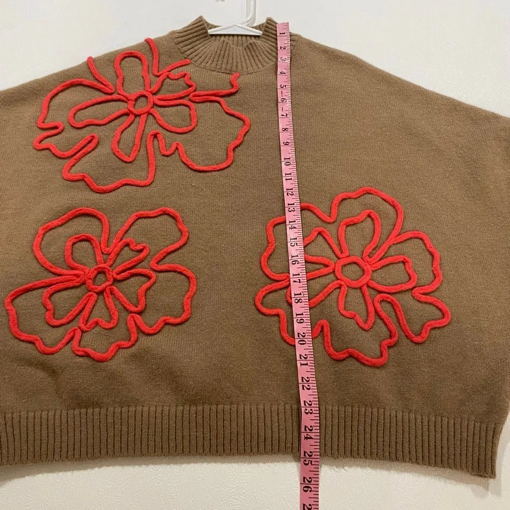 Easel Los Angeles Brown Sweater with Red Floral Appliqué – Size S - Image 6