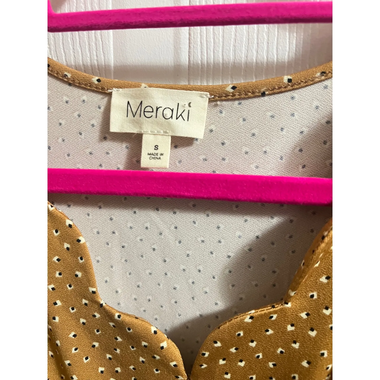 Meraki Women Small Peplum Blouse Brown White Polka Dot Scalloped V - Image 6