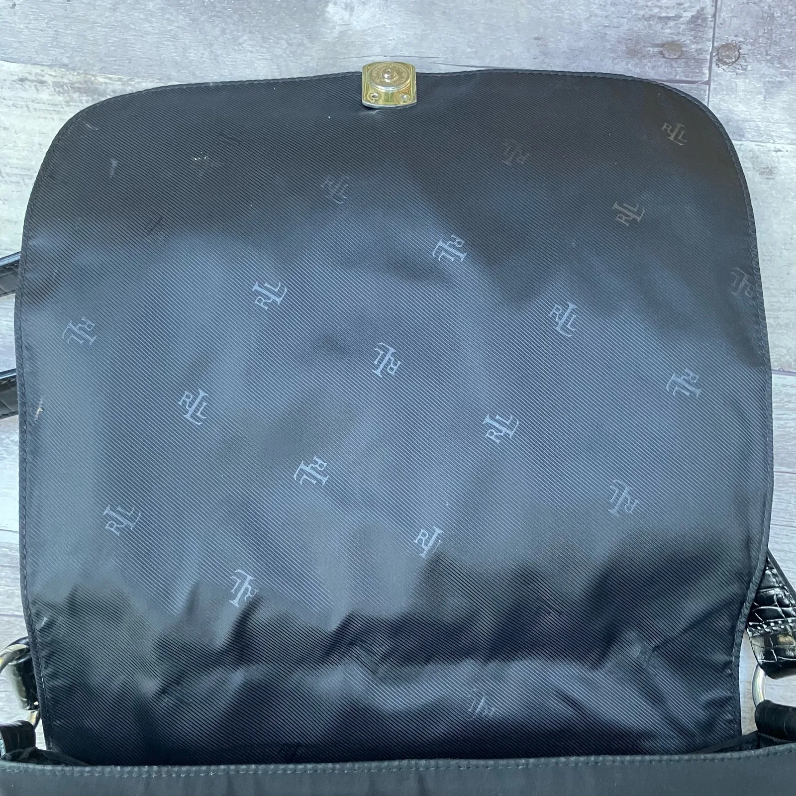 Ralph Lauren Purse Nylon Leather Messenger Crossbody Mock Croc Preppy Old Money Black - Image 13