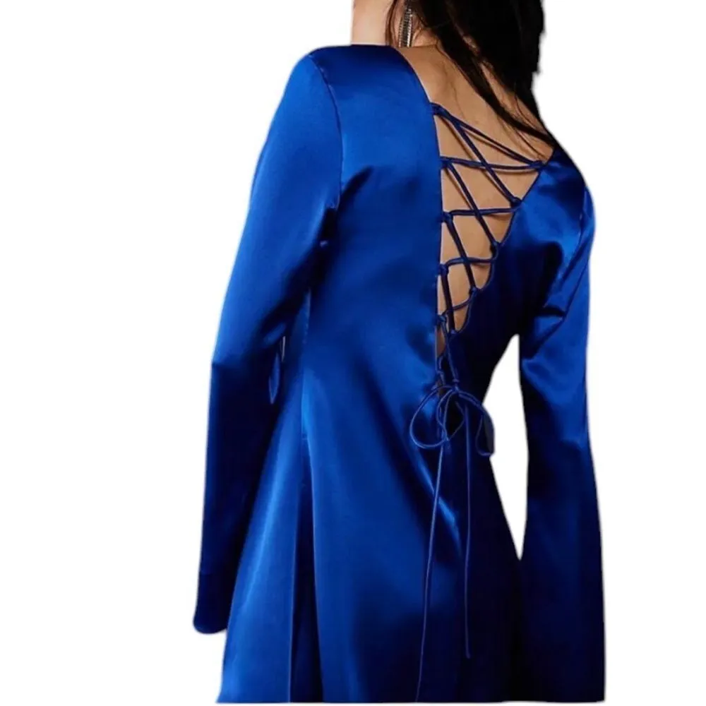 Delfi Collective Blue Satin Amber Dress Lace up Back NWT S - Image 3