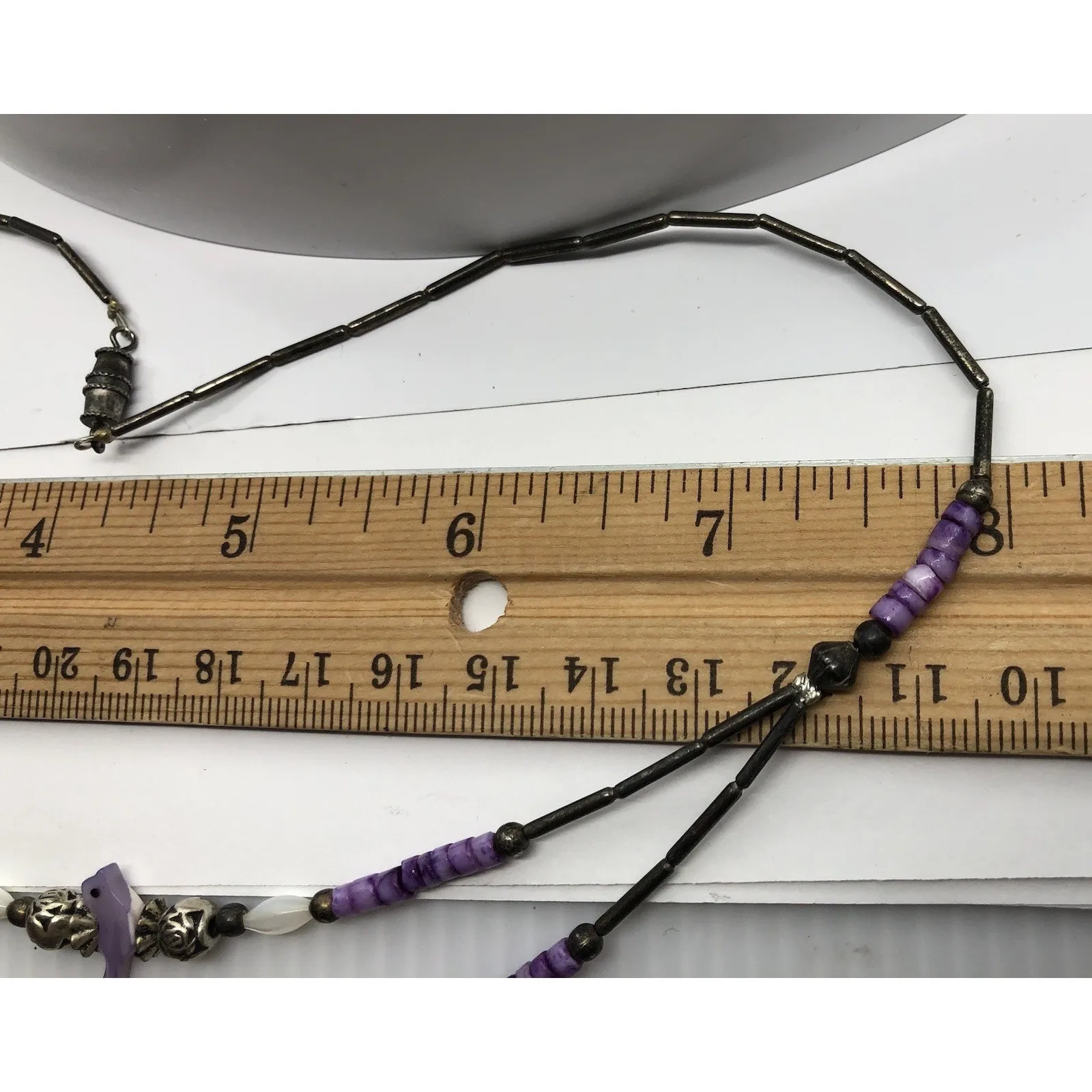 Rare Vtg Silver Horse Necklace Purple Pony Pendant Silver Roses‎ Beaded Bird 16" - Image 9