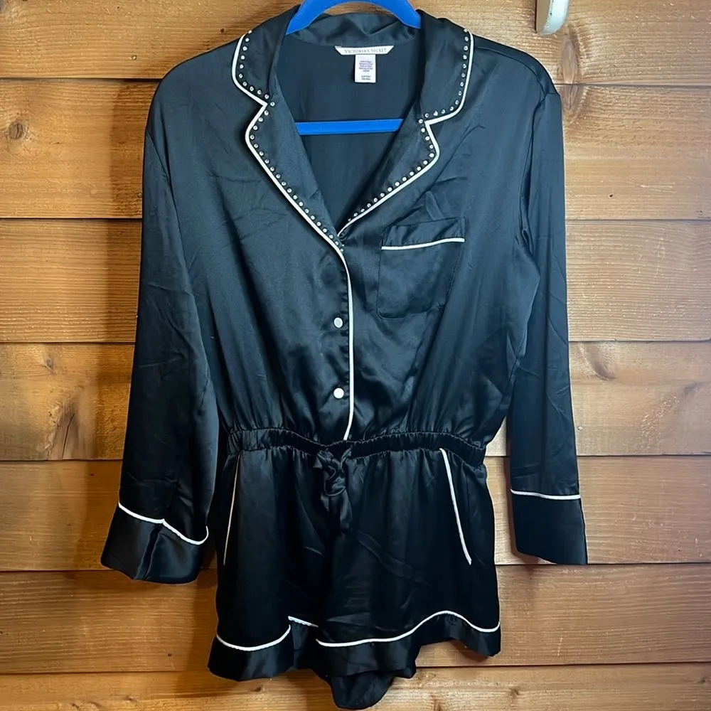 Victoria’s Secret black satin rhinestone beaded romper lingerie nightwear lounge - Image 2