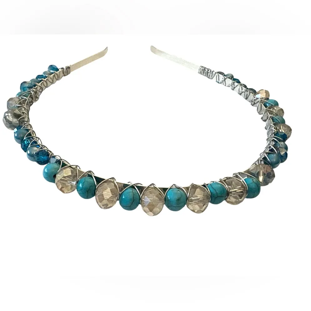 Silver Headband with Turquoise, Austrian Crystals and Electroplated Glass Beads Blue - Image 3