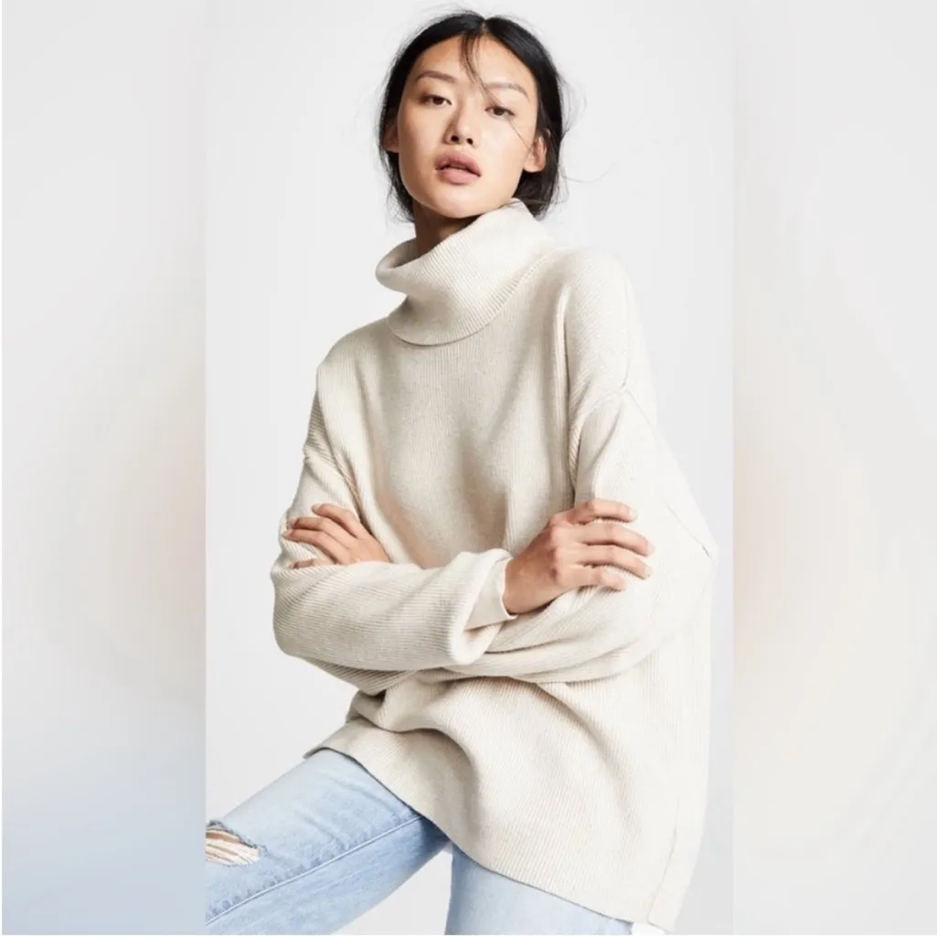 Free People Softly Structured Turtleneck Ribbed Knit Oversized Sweater Oatmeal - Image 4