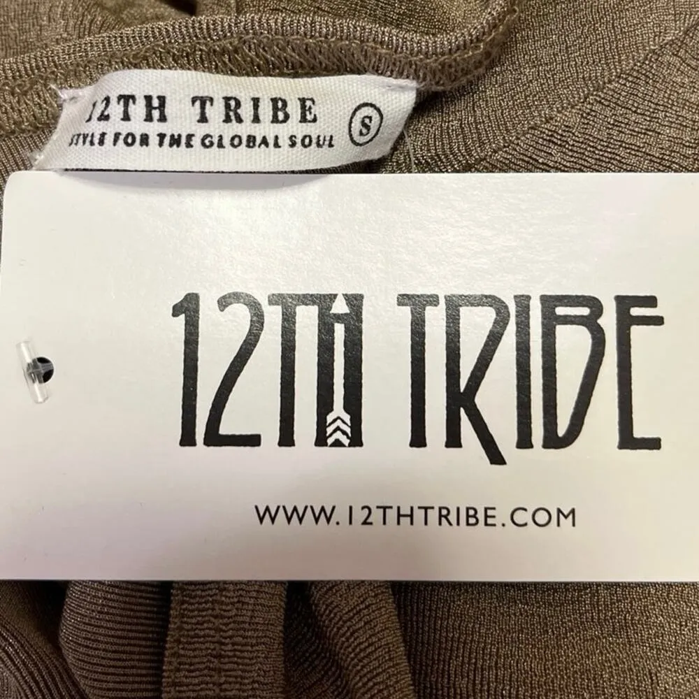 NEW 12th Tribe Tan Twist Front Plunging Neck Tie Waist Short Sleeve Crop Top S - Image 3