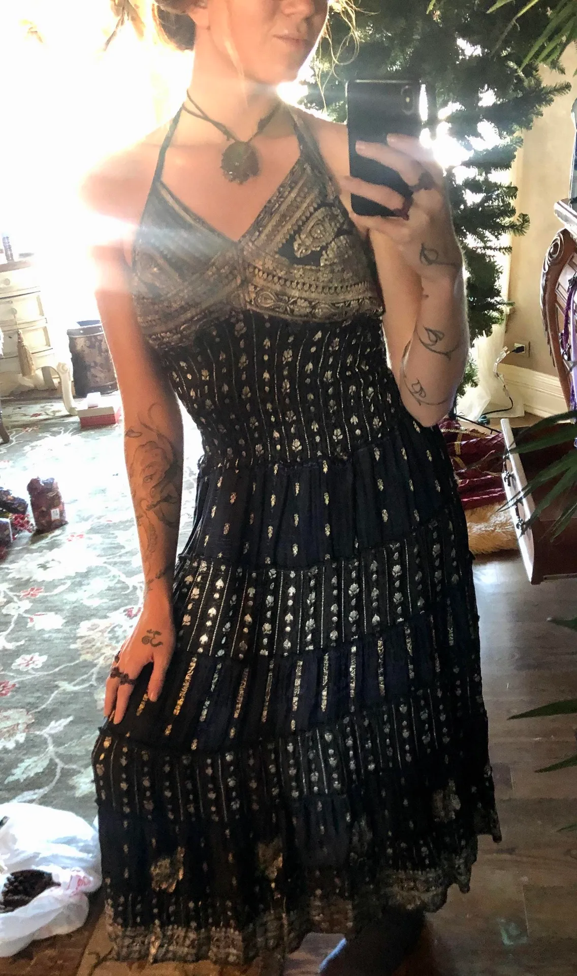 Adorable Metallic Gold Open Back Midi Dress - Image 5