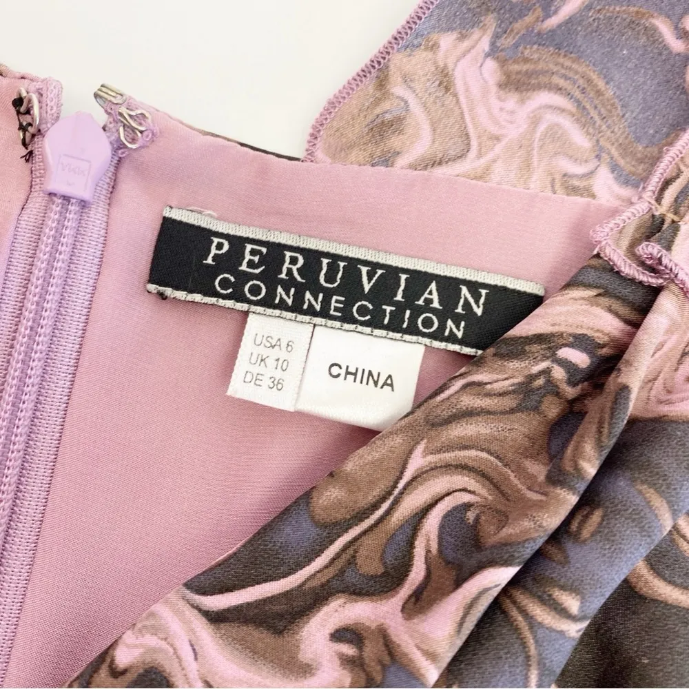 Peruvian Connection Marble Printed Silk Sleeveless Sheath Dress: Pink/Brown - Image 9