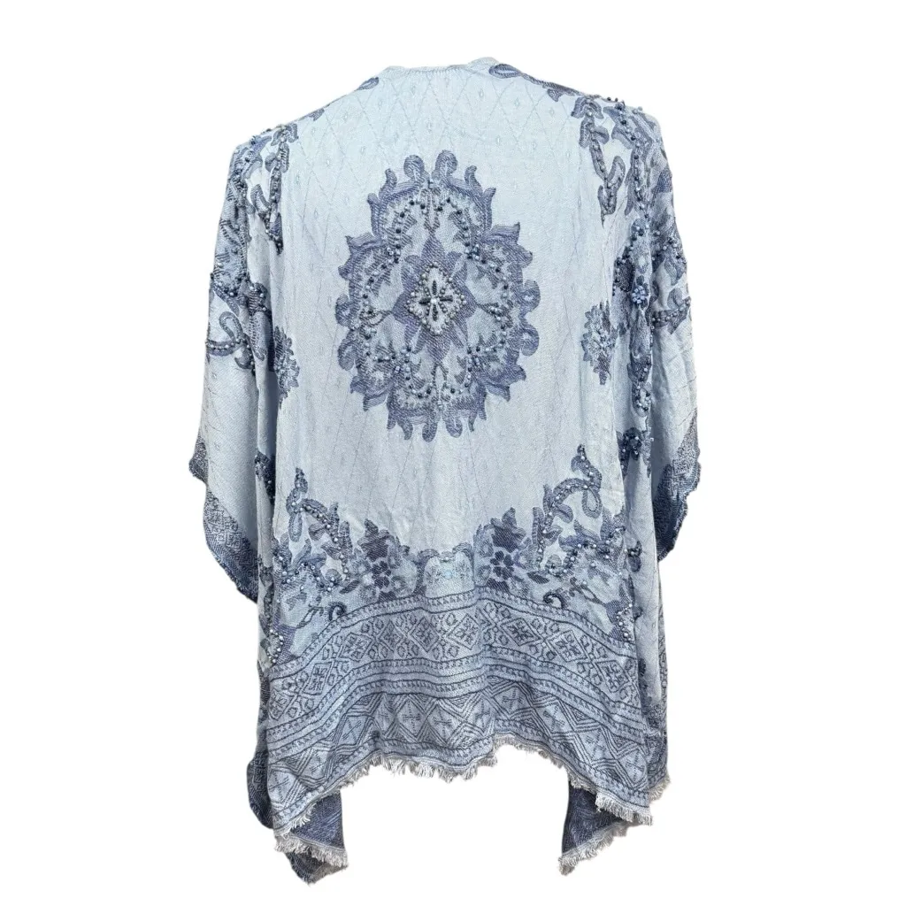 Chico’s Blue Beaded Embroidered Kimono Wrap One Size Rayon India Boho - Image 6