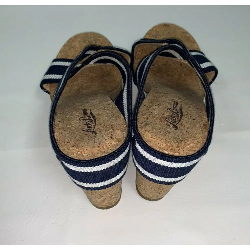 Lucky Brand Miller 2 Womens Tan Cork Wedges 8.5 Blue White Sandals Heels Shoes - Image 4