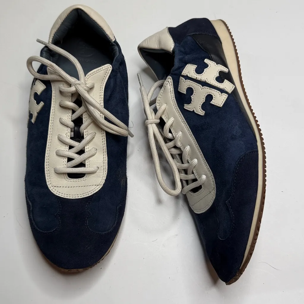 Tory Burch Leather Colorblock Navy White Sporty Sneakers S-421 Sz 9.5 - Image 3