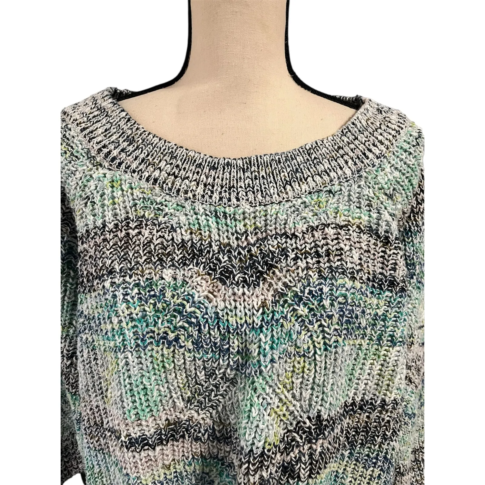 J. Jill Women's Multicolored Open Knit Sweater Sz 2X 3/4 Sleeve Casual Crew Neck Blue - Image 2