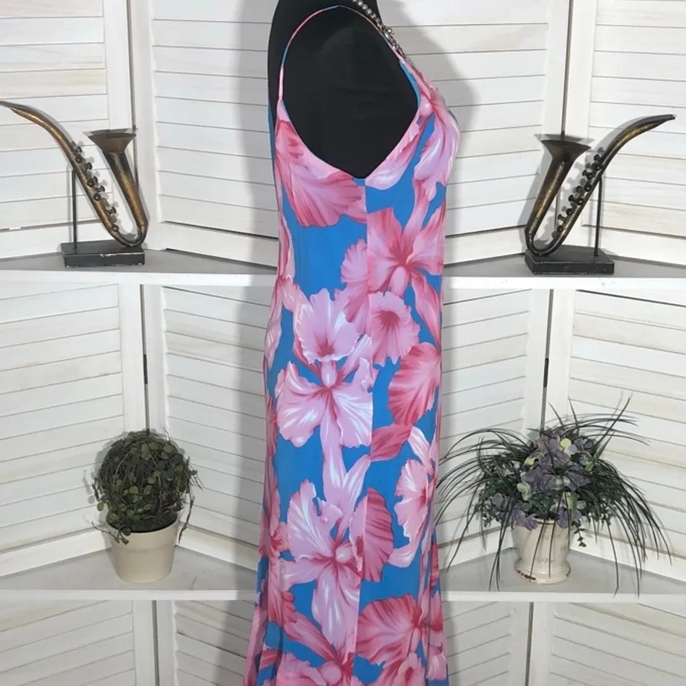 Vintage Y2K Midi Sundress Tropical Floral Print Teal Pink Size Medium - Image 3