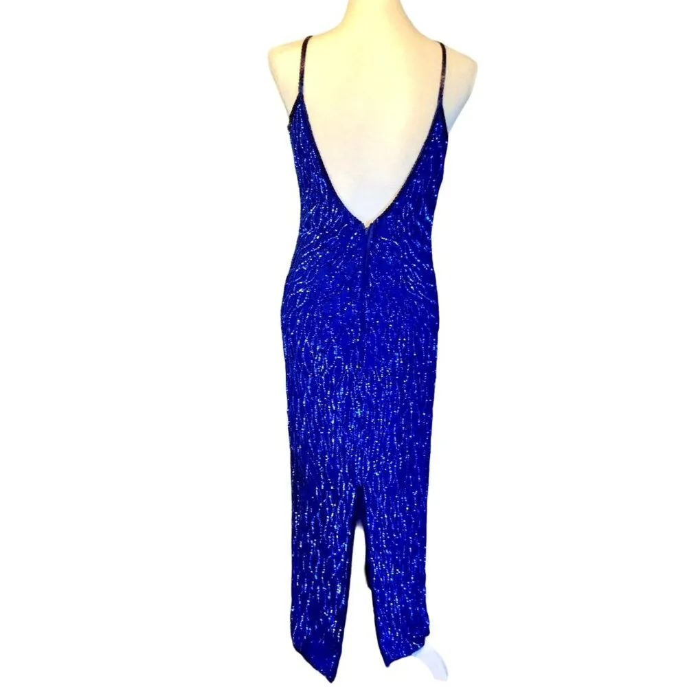 Vintage Laurence Kazar New York Sequin Dress Womens PM Petite Used Blue Silk - Image 3