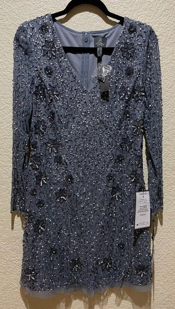 NWT Adrianna Papell Beaded Cocktail Dress Dusty Blue Size 6P - Image 3