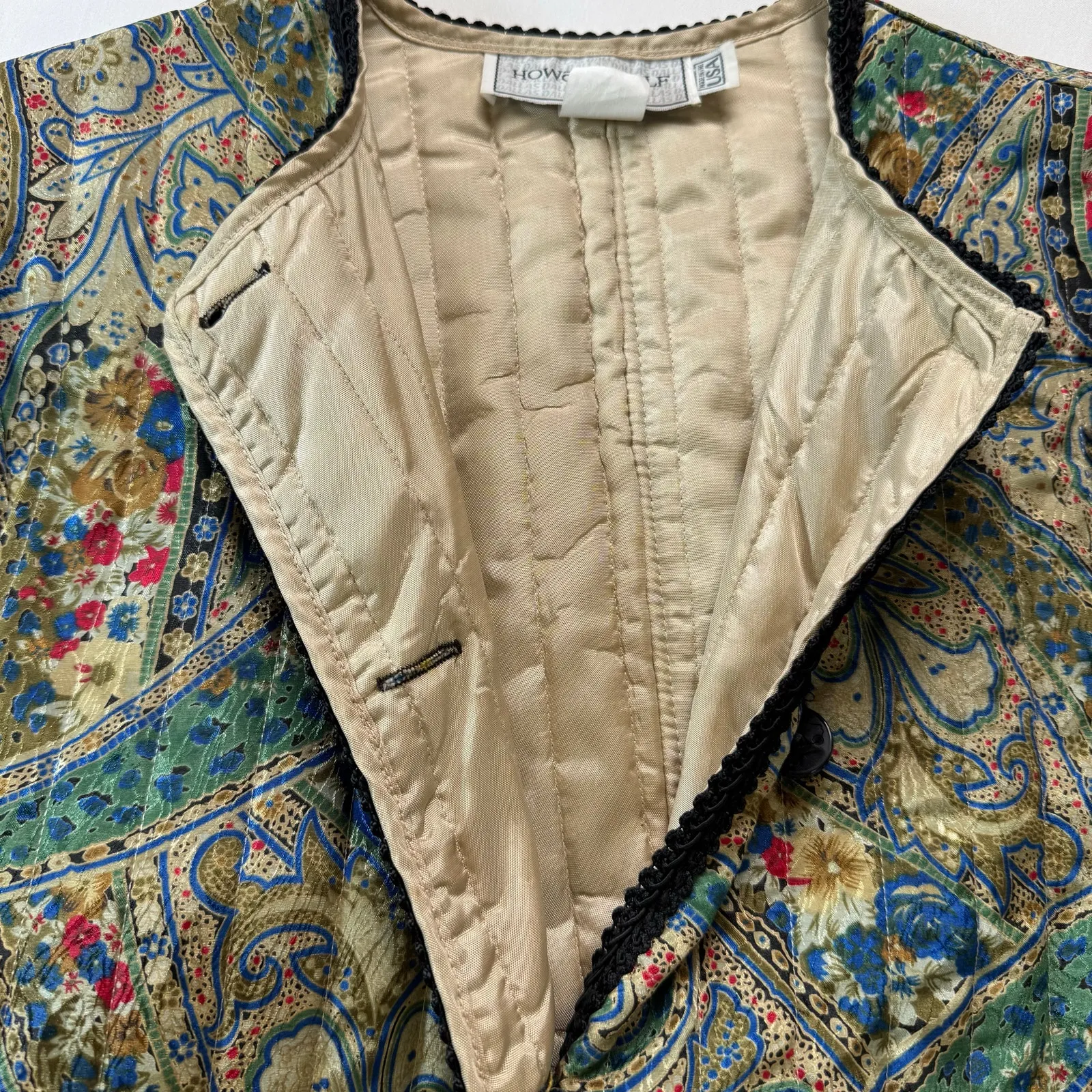 Vintage Satin Boho Artsy Paisley Jacket womens S/M Howard Wolf 70s 80s Black - Image 4