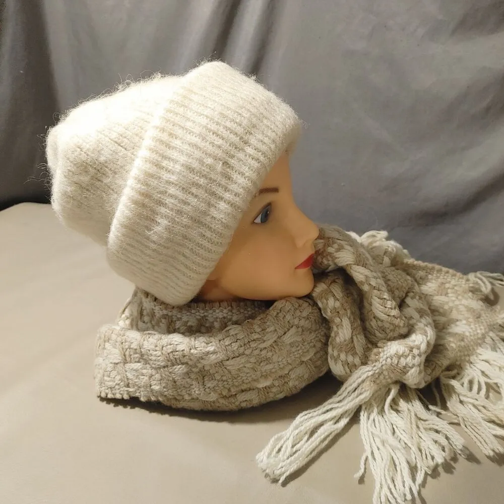 Handmade Vintage Cream Wool Beanie Hat Woven Fringe Scarf Giulia Biondi Italy - Image 6