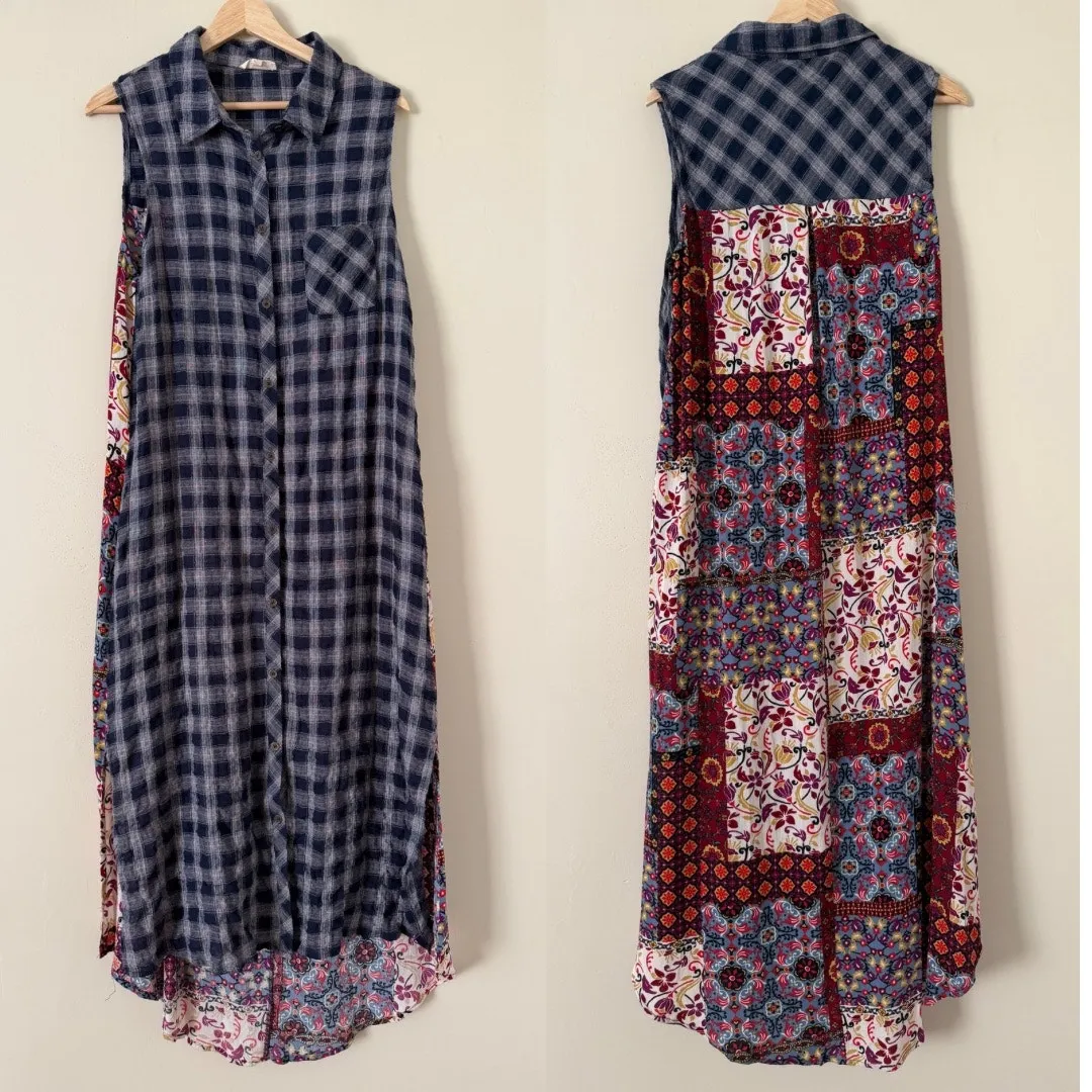 Oddi Women's Dress Plaid Patchwork Sleeveless Dress Button Shirtdress Large Oddy - Image 2