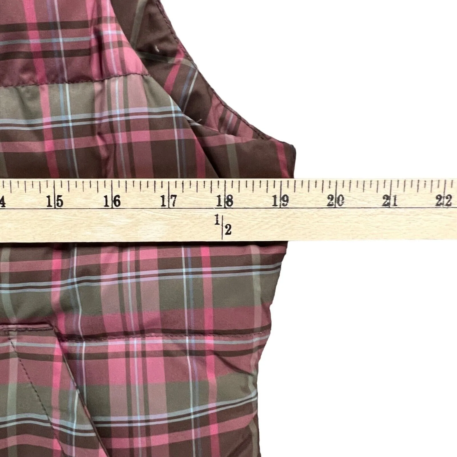 Eddie Bauer Goose Down Puffer Vest Womens M Pink Brown Plaid Preppy Gorpcore - Image 9