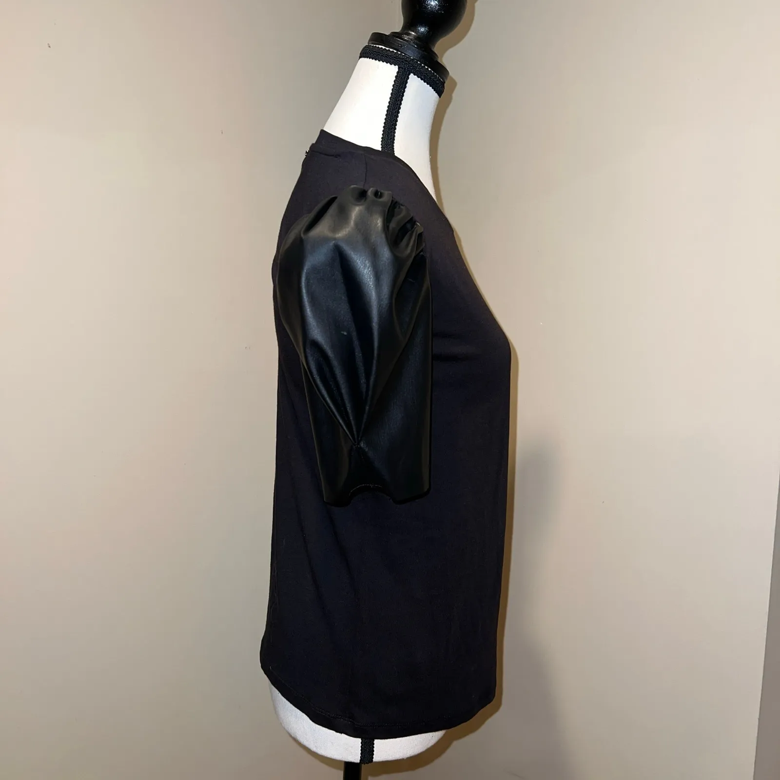 Michael Kors Faux Leather Puff Short Sleeved Black T-Shirt Size XS - Image 3