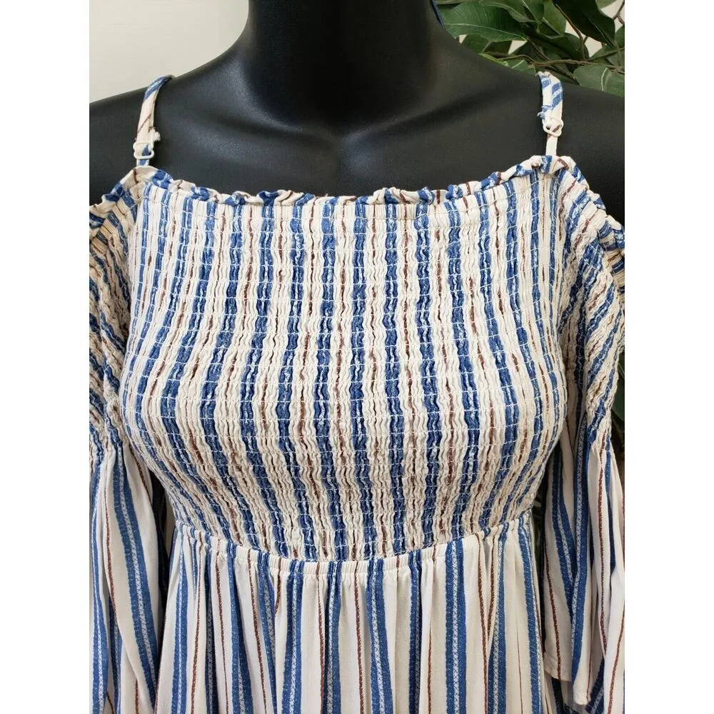 Magnolia Skye Women Multi Striped Smocked Cold Shoulder Sleeve Mini Dress Size S - Image 3