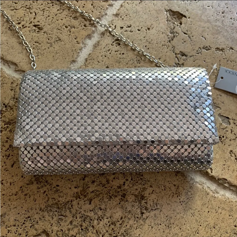 Jessica McClintock Metal Mesh Roll Bag Clutch Purse Crossbody Silver Chain - Image 12