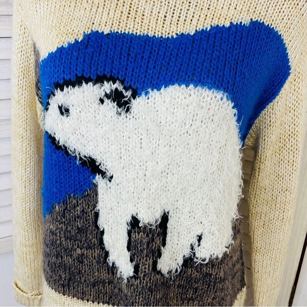 Pins & Needles Fuzzy Polar Bear Sweater Beige Blue Medium Crew Neck - Image 6
