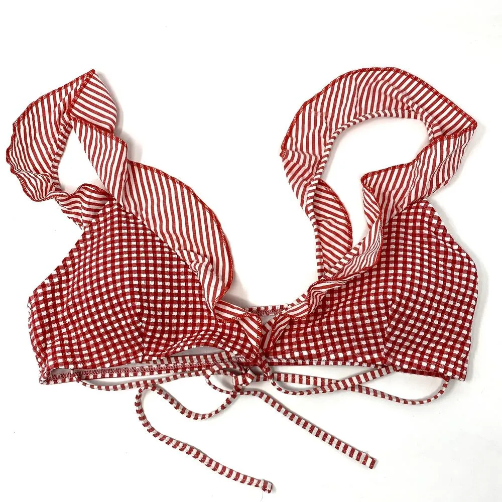 NWOT Aerie Red Gingham Ruffle Wrap Scoop Preppy Beach Summer Bikini Top M - Image 3
