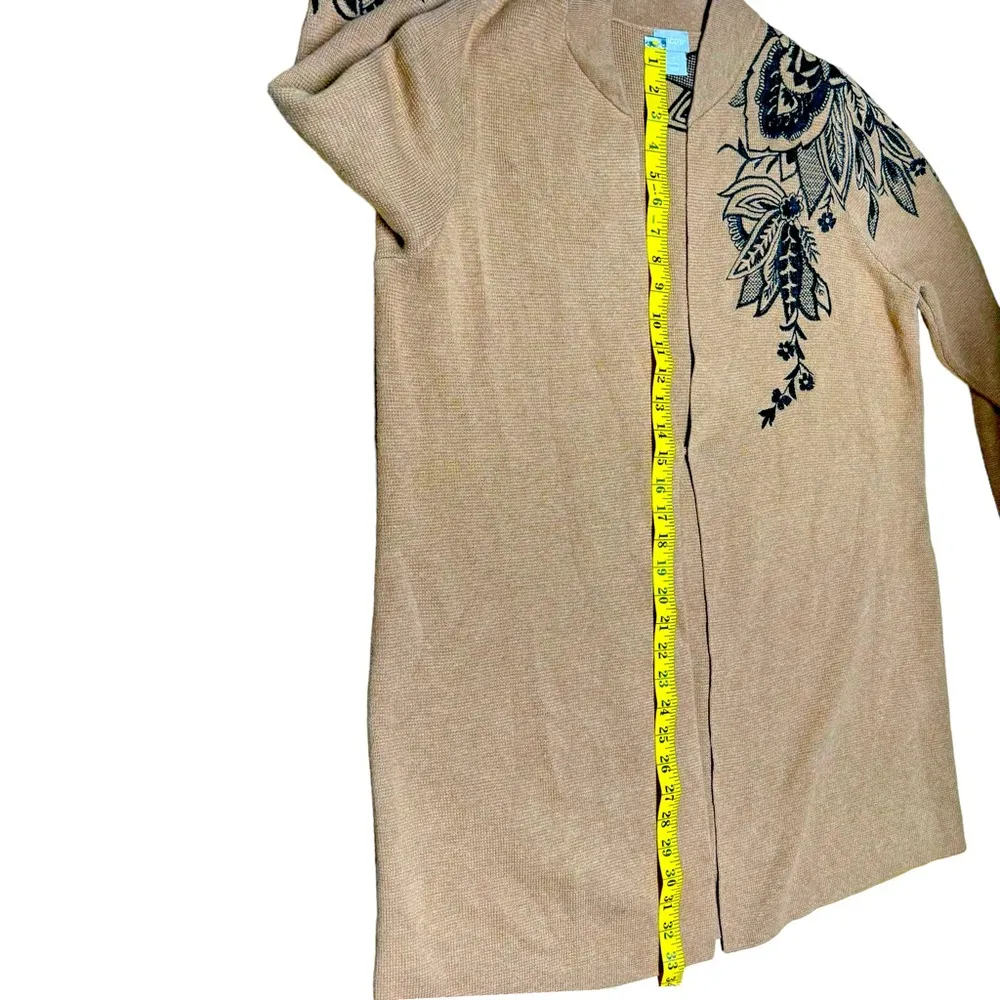 Chico's Floral Embroidered Sweater Long Duster Cardigan Jacket Tan Size Large - Image 14